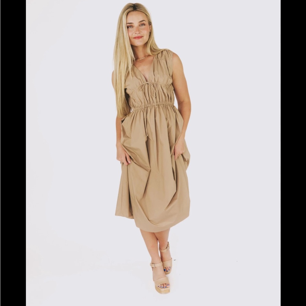 Mod Ref The Cecilia Dress Ruched V-Neck Midi Dress
